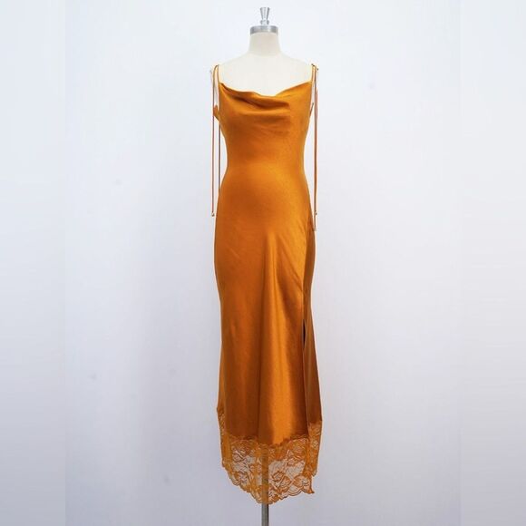 NWOT SELF-PORTRAIT Burnt Orange Satin-Lace Midi Dress UK8/US4 - Picture 12 of 16